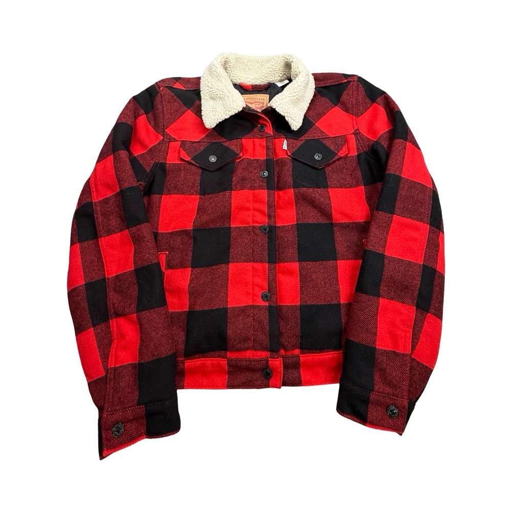 Levi Strauss Trucker Jacket Womens XL Red Black Buffalo Plaid Sherpa Western